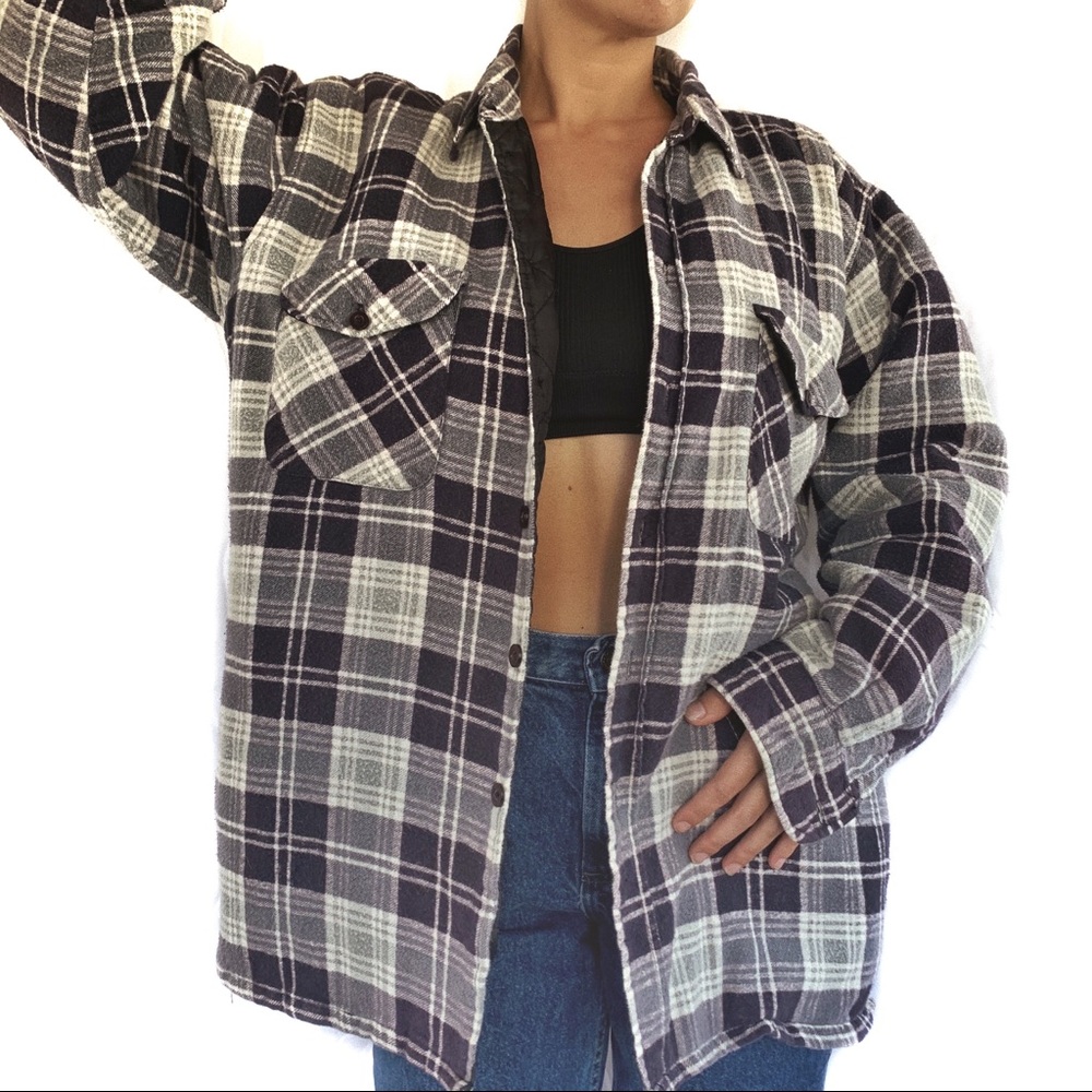 Vintage Lined Flannel Jacket Faded Quilt Insulated Blue Shacket